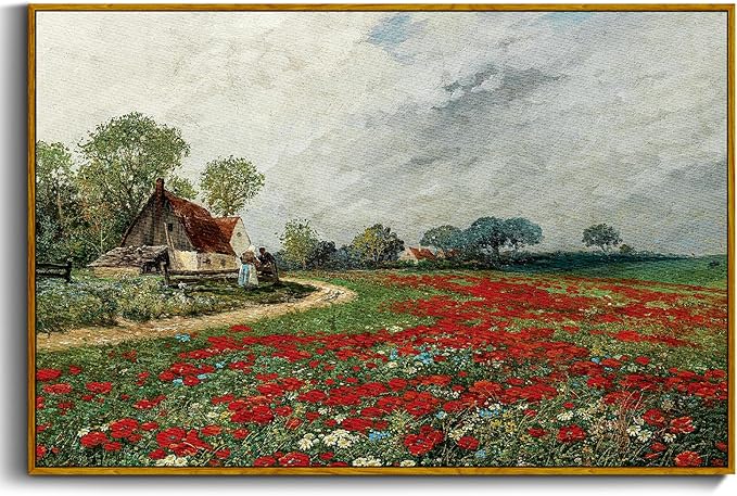 crmotu Vintage Framed Wall Art, Flower Field Farmhouse Landscape Painting, Daisy Floral Canvas Art Prints, Countryside Scenery Retro Wall Decor Living Room Kitchen Bedroom Decor Aesthetic 16x24in