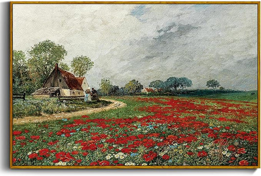 crmotu Vintage Framed Wall Art, Flower Field Farmhouse Landscape Painting, Daisy Floral Canvas Art Prints, Countryside Scenery Retro Wall Decor Living Room Kitchen Bedroom Decor Aesthetic 16x24in
