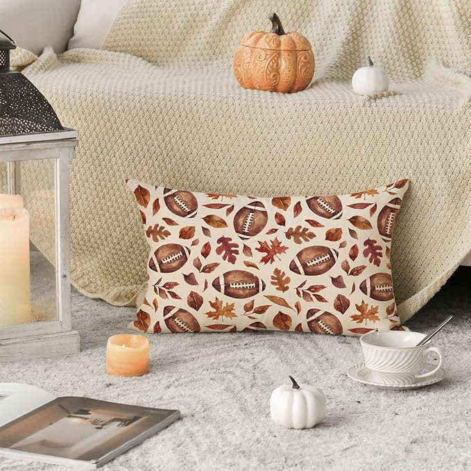 AVOIN colorlife Fall Football Maple Leaves Throw Pillow Covers 12x20 Inch, Seasonal Autumn Thanksgiving Harvest Cushion Case Decoration for Sofa Couch Set of 2