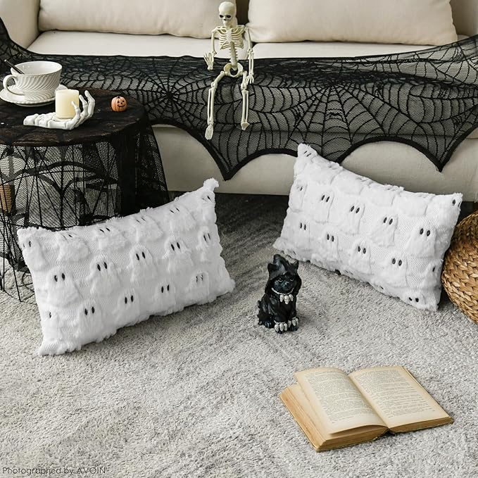 AVOIN colorlife Halloween Ghost White Throw Pillow Cover Set of 2, 12 x 20 Inch Soft Plush Faux Fur Jacquard Spooky Cushion Case Decoration for Sofa Couch
