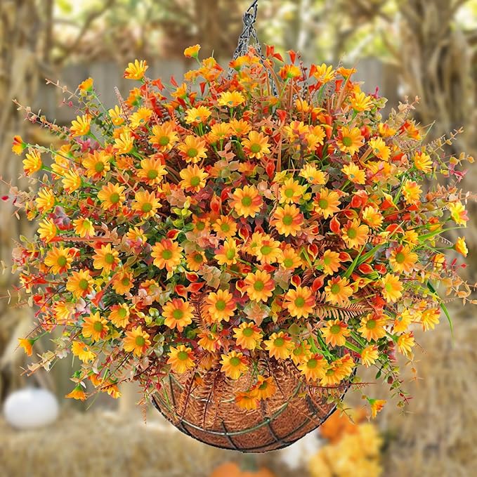 64 Pcs Artificial Fall Flowers - UV Resistant Fake Mums Outdoor Faux Plants for Home Garden Patio Porch Window Box Thanksgiving Decor