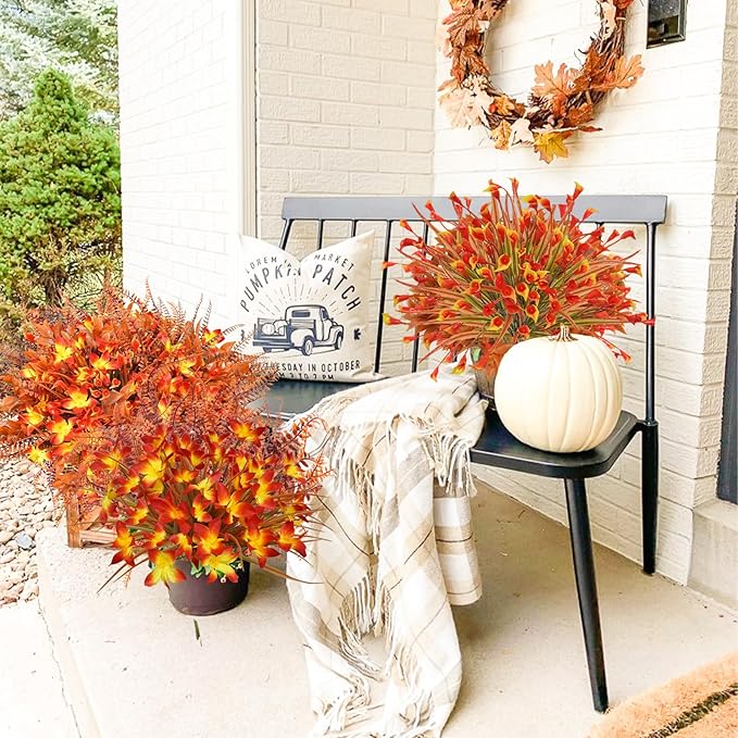 Agusbagli 40Pcs Artificial Fall Outdoor Flowers Fake Autumn Boxwood Plants UV Resistant Plastic No Fade Faux Fall Flowers Arrangements for Thanksgiving Autumn Weddings Porch Indoor Home Decorations