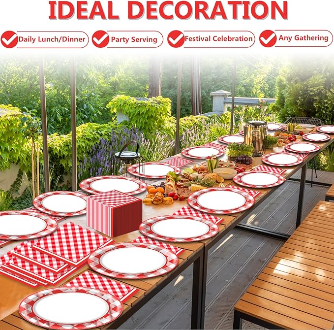 Gingham Oval Paper Plates 11inch Red and White Checkered Plates and Napkins, Dish Tray for BBQ Gathering Picnic Carnival Theme Party Supplies Holiday Baby Shower Birthday Tableware, 25 Guest