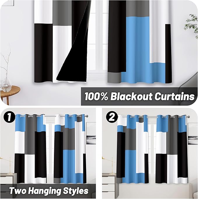 Light Blue 100% Blackout Curtains for Bedroom 45 inch Length 2 Panels Set Grey Modern Abstract Geometric Black Out Curtains Insulated Room Darkening Window Drapes for Living Room, 52Wx45L