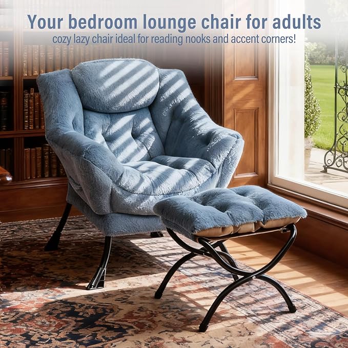 Lazy Chair with Ottoman, Modern Chair with Folding Footrest, Lounge Accent Chair, Comfortable Reading Chair (Plush Light Blue)
