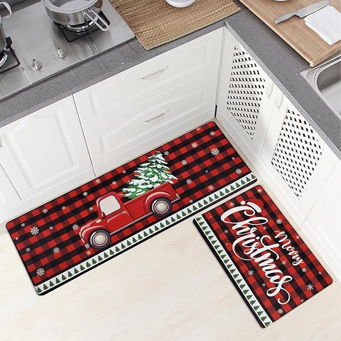 SHACOS Christmas Kitchen Rugs Set of 2 Anti-Fatigue Kitchen Mats Cushioned Red Plaid Christmas Truck Kitchen Rugs Buffalo Checker Kitchen Mats and Rugs for Xmas 17"x27.5"+17"x47"