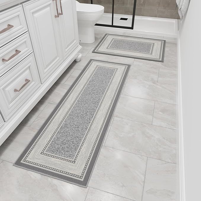 Ottomanson 2-Piece Kitchen Rug Set - Non Slip, Runner & Small Area Rug - Border - 20" x 59" & 2'3" x 3' - Durable, Stain Resistant for Entryway, Bedroom and Bathroom, Light Gray