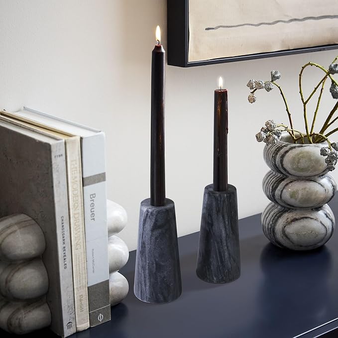 HofferRuffer Marble Candlestick Holders，Set of 2 Natural Stone Candle Holder Decorative Candle Stands for Wedding, Dinning, Party, Table Centerpieces, Fit 3/4'' Thick Taper Candles (Grey Black)