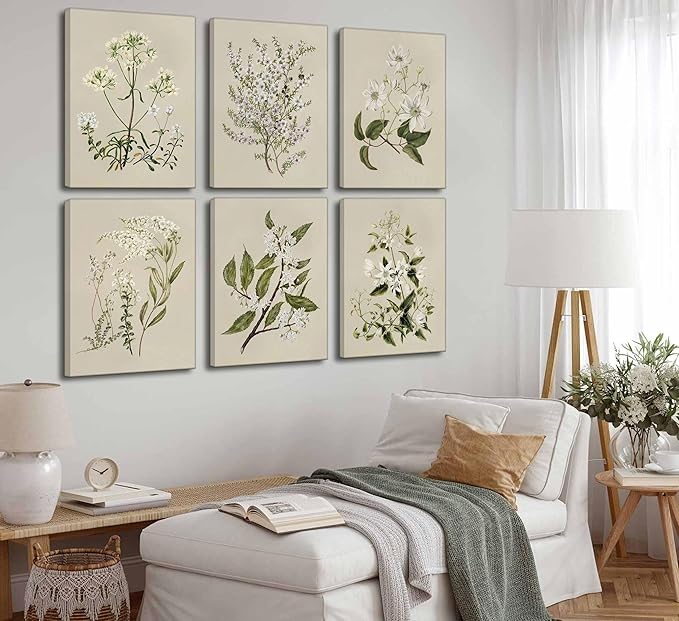 6 PCS Neutral Floral Canvas Wall Art Vintage Rustic Farmhouse Flower Botanical Painting Picture Wall Decor Poster Print Artwork for Living Room Bedroom Home Decoration