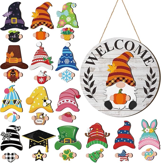 Qunclay Interchangeable Wooden Gnome Decor Holiday Seasonal Gnome Decorations with Magnet Pieces and Detachable Hats Changeable Welcome Sign for Home (Grey and White)