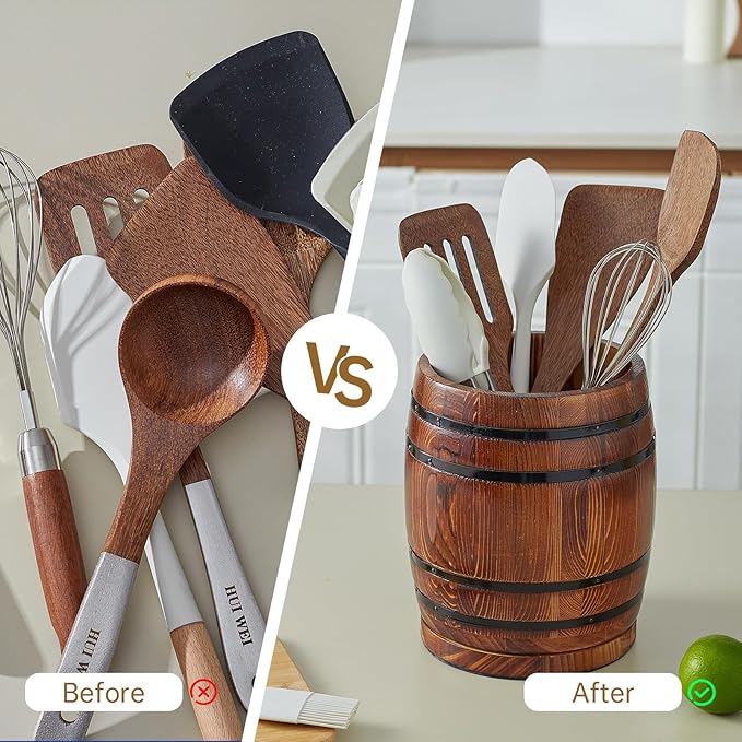 360° Rotating Wooden Utensil Holder, Wine Barrel-Shaped Utensil Crock for Kitchen Counter, Large Capacity Cooking Utensil Organizer & Spoon/Spatula Holder, Rustic Farmhouse Decor & Accessory