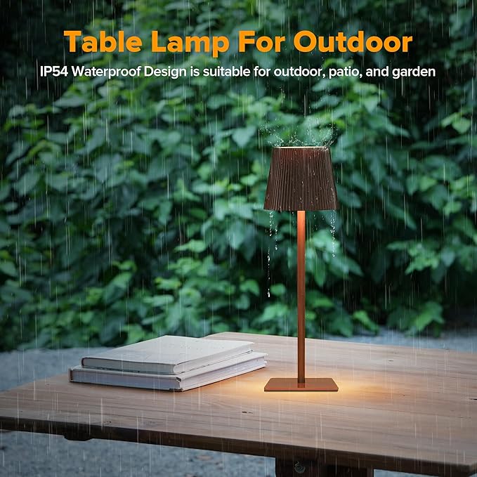 LUTEC 2 Pack Cordless Table Lamp,6000mAh Rechargeable Battery Operated Desk Lamp,Two Adjustable Heights,Waterproof, Touch Control & 3 Color Stepless Dimming for Restaurant/Bedroom/Bars/Outdoor (Brown)