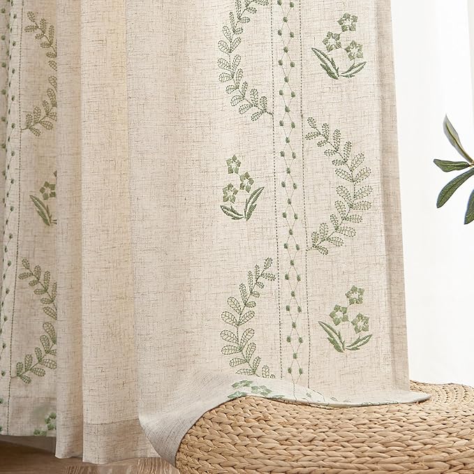 jinchan Belrose Linen Curtains for Bedroom Floral Curtains 63 Inch Length Linen Blend Sage Green Embroidered Drapes Farmhouse Flower Patterned Drapes for Living Room Window Treatments Set 2 Panels
