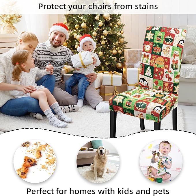 Christmas Chair Covers for Dining Chairs, Dining Room Chair Covers Set of 6, Stretch Parsons Chair Slipcovers, Removable Washable kitchen Chair Cover for Home Hotel Banquet Holiday Decoration