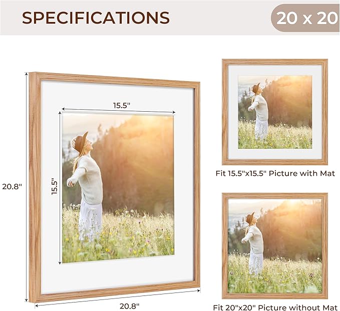 20x20 Picture Frame, Solid Oak Wood 20 by 20 Frame, Square Picture Frame 20 x 20 with mat for 16 x 16, 20x20 Wood Frame for Home Decor, 20 x 20 Poster Frame, Tempered Glass, Natural Oak Color, 1 Pack