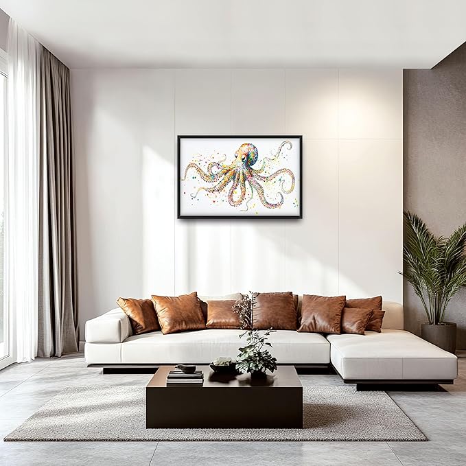 Octopus Large Wall Art for Living Room Framed, Octopus Wall Decor Pictures, Colorful Ocean Animal Canvas Print Painting, Aesthetic Artwork Bedroom Office Home Decor 36"x24"