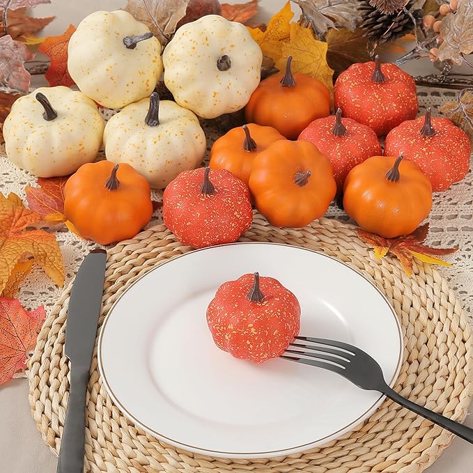16PCS Realistic Mini Pumpkin Decor,Fall Decor with Pumpkins Maple Leaves, Artificial Pumpkin Decor for Autumn Filler, Realistic Pumpkin Decorations for Halloween Thanksgiving Fall Home Decor