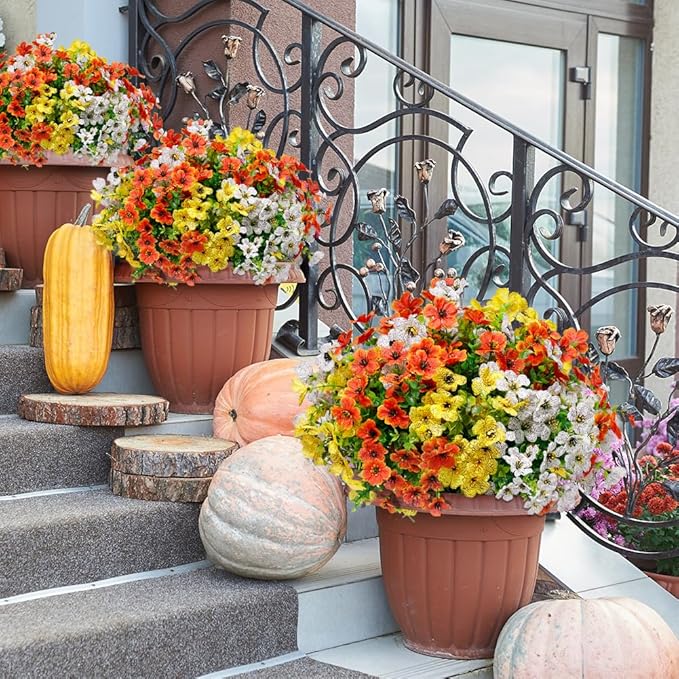 12 Pack Artificial Fall Flowers for Outdoor Orange Yellow Autumn Floral Stems Outside Faux Silk Violet Flower for Garden Porch Window Yard Wedding Thanksgiving Decoration Table Fireplace Decor