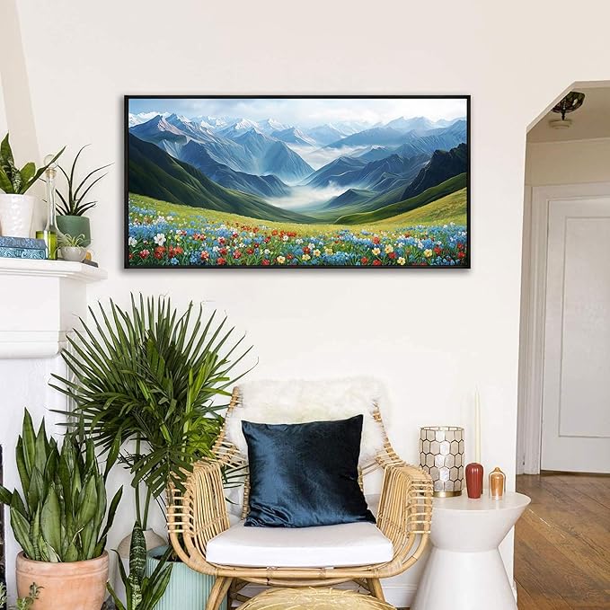 KLAKLA Mountain Wall Art - Large Landscape Living Room Wall Decor Rustic Wild Daisies Misty Forest Snowy Mountains Canvas Picture Framed Artwork for Walls - 40x20 Inches