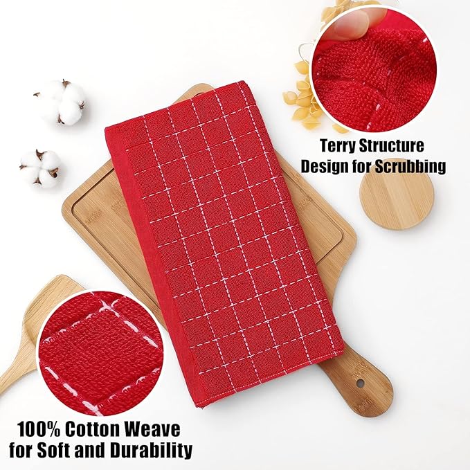 Homaxy 100% Cotton Terry Kitchen Towels(Red, 13 x 28 inches), Checkered Designed, Soft and Super Absorbent Dish Towels, 12 Pack