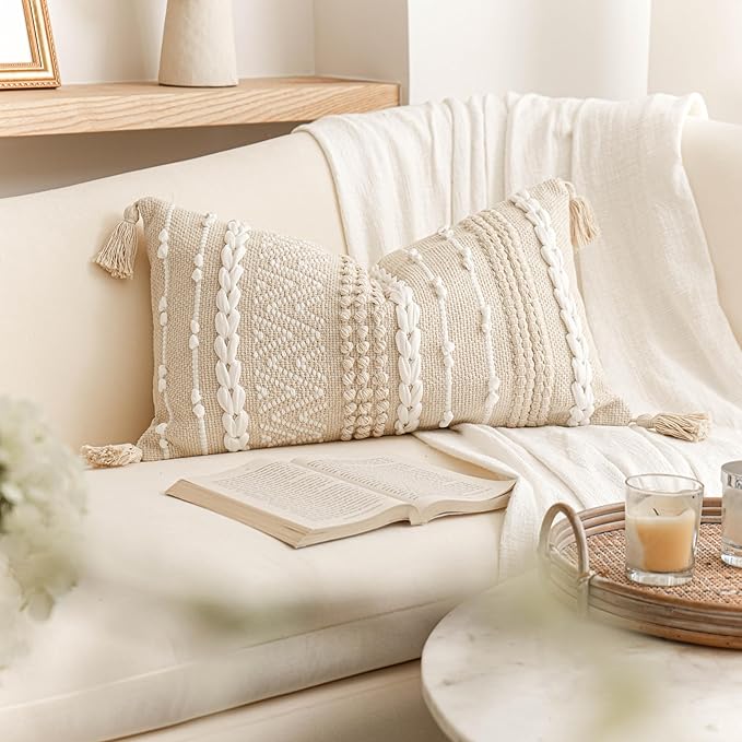 Decorative Lumbar Pillow Cover 14x24, Cream White Boho Accent Throw Pillow Case for Couch Sofa Bed, Modern Farmhouse Textured Lumbar Cushion Bedroom Living Room, Cover ONLY
