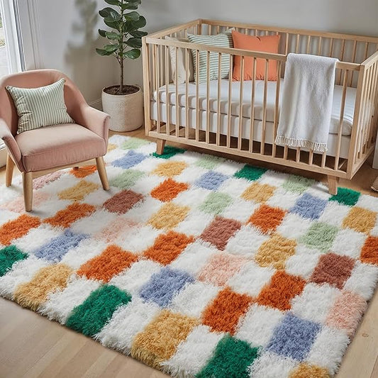 Checkered Rug 4x6 for Living Room, Modern Neutral Shag Rug Super Soft Washable Fluffy Rugs Indoor Fuzzy Carpet for Bedroom Home Dorm Aesthetic Decor