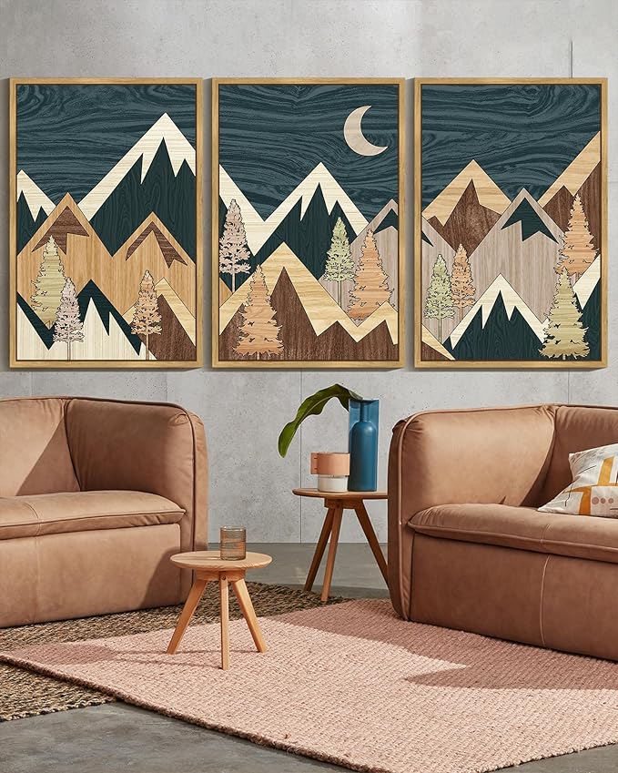 KUVIOKE Woodcut Pine Tree Forest Mountains Framed Wall Art Nature Landscape Prints Morden Farmhouse Bedroom Hallway Ready to Hang 24x36in (Natural Framed)