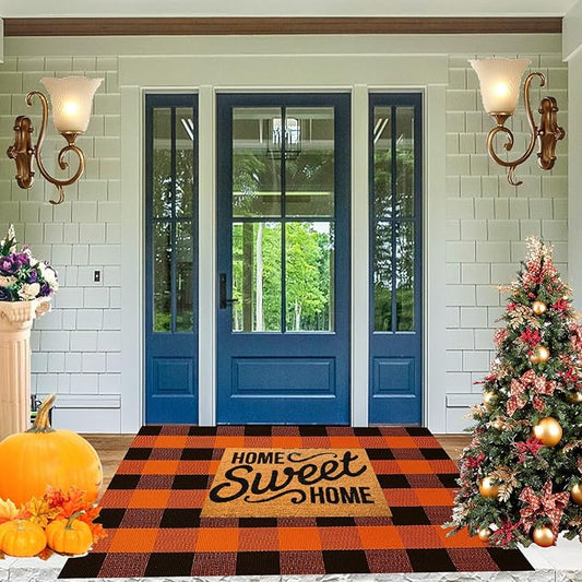 SEEKSEE Cotton Buffalo Plaid Rug 3'x5' Orange and Black Checked Rug Washable Doormats Indoor Outdoor Rugs for Layered Front Door Mats, Porch, Kitchen, Farmhouse, Entryway