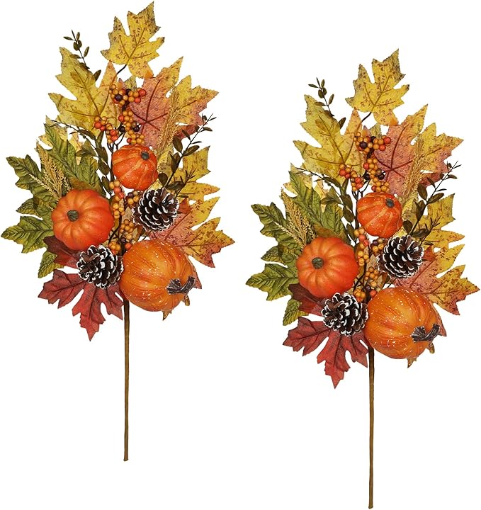 Artificial Fall Branches Table Centerpieces, Fake Pumpkins Pinecones Maple Leaves with Berries, 23.6" Fall Stems for Vase Falls Floral Stems Autumn Décor Farmhouse Kitchen Table Decorations 2 Pcs