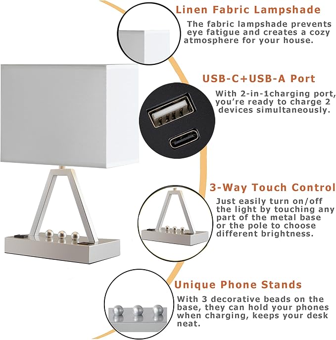 Briever Touch Control Table Lamp, 3-Way Dimmable Desk Lamp with USB C & A and AC Outlet, Bedside Lamp with Phone Stand and Fabric Shade for Bedroom, Living Room, Bulb Included, Silver