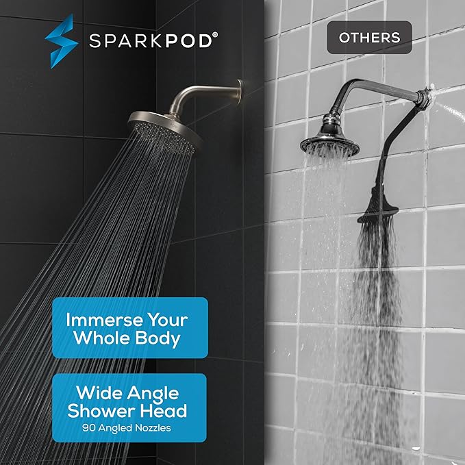 SparkPod Shower Head - High Pressure Rain - Premium Quality Luxury Design - 1-Min Install - Easy Clean Adjustable Replacement for Your Bathroom Shower Heads (Elegant Brushed Nickel, 6 Inch Round)