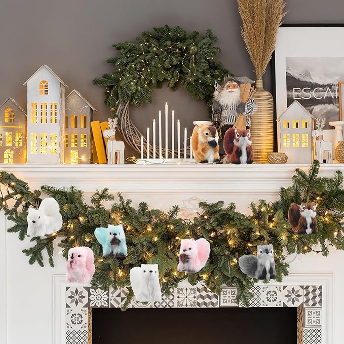 Skylety 10 Pieces Forest Animals Ornaments Woodland Animal Faux Fur Plush Hanging Ornaments Family Educational Playset for Fall, Christmas, Winter Birthday Party Supplies(Squirrels)