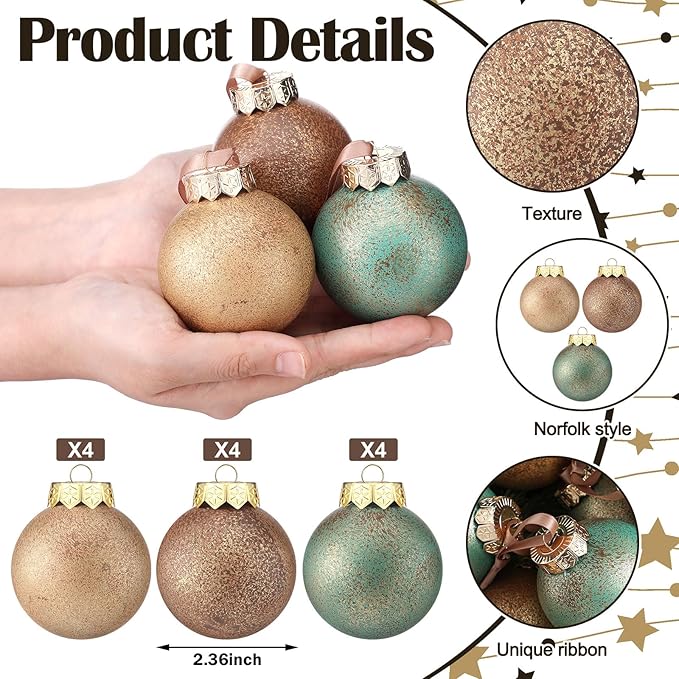 12 Pcs Neutral Textured Christmas Ball Ornaments 2.36'' Vintage Christmas Tree Decor Rustic Distressed Ornaments with Loop Shatterproof Hanging Ball for Farmhouse Xmas Decor (Nostalgic Color)