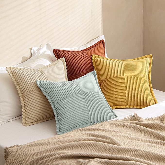 MIULEE Fall Teal-Orange Decorative Throw Pillow Covers 20x20 Inch 4 Packs Soft Boho Farmhouse Pillow Cases Modern Corduroy Patchwork Cushion Covers for Couch Sofa Bed with Flange Edge Home Decor