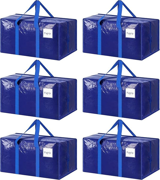 6 Pack Extra Heavy Duty Large Moving Bags with Strong Zipper & Comfortable Handles, Sturdy & Durable Clothes Storage Bags Totes Bins, Packing Moving Boxes for College Supplies, Blue