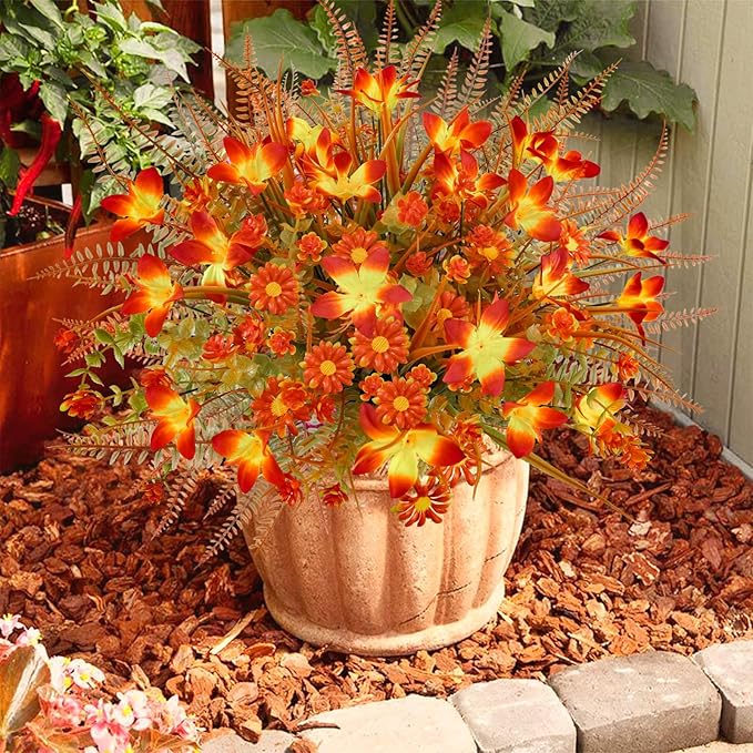 16Pcs Artificial Fall Flowers Outdoor Fake Fall Plants UV Resistant Autumn Greenery Plastic Flowers Shrubs for Outside Porch Patio Garden Boxwood Thanksgiving Decor