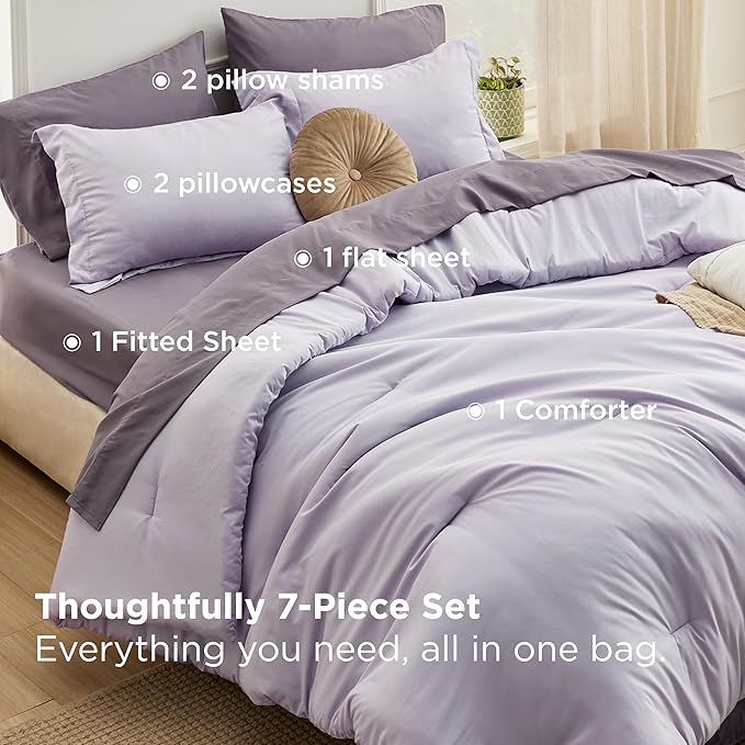 Bedsure Queen Comforter Set - 7 Pieces Lavender Queen Bedding Set for All Seasons, Boho Contrasting Design Bed in a Bag with Comforter, Sheets, Pillowcases & Shams