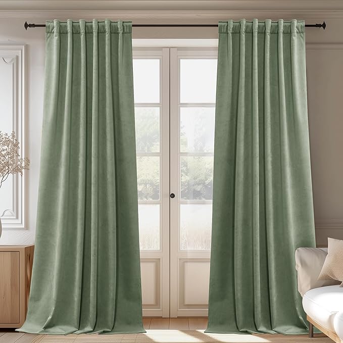StangH Sage Green Velvet Curtains 100% Blackout Thermal Insulated Window Drapes Heavy Thick White Liner Hook Belt Back Tab Curtains for Kids Bedroom Doorway, W52 x L84, 2 Panels