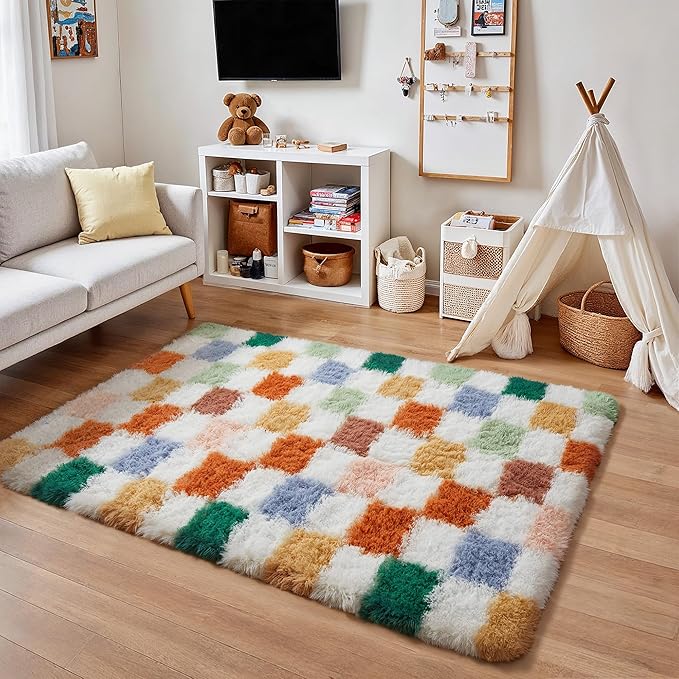 Checkered Rug 3x5 for Living Room, Modern Neutral Shag Rug Soft Washable Fluffy Rugs Indoor Fuzzy Carpet for Bedroom Home Dorm Aesthetic Decor