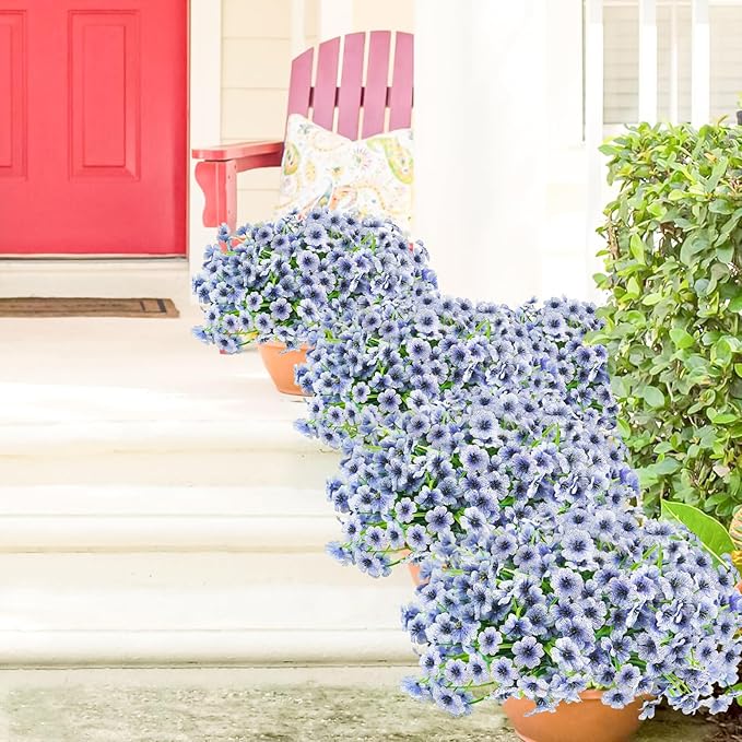 Uieke 72 Bundles Artificial Flowers for Outdoors UV Resistant Fake Flowers No Fade Faux Greenery Plastic Plants for Garden Porch Window Box Home Party Wedding Spring Summer Decor (Blue)