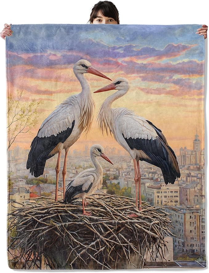 Stork Bird Family Blanket, Cozy Flannel Sunset Urban View Throw Blanket, Soft Fuzzy Blankets for Travel Home Decor, All Season Lightweight Couch Bed Cover, Gifts for Women Adults Kids 60"×80"