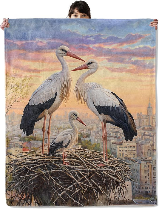 Stork Bird Family Blanket, Cozy Flannel Sunset Urban View Throw Blanket, Soft Fuzzy Blankets for Travel Home Decor, All Season Lightweight Couch Bed Cover, Gifts for Women Adults Kids 50"×60"