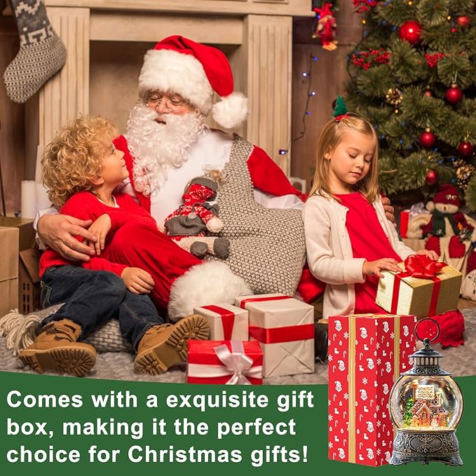 Christmas Snow Globe Lighted Gingerbread House Scene, Musical Snow Water Lantern Swirling Glittering Home Decoration and Gift, Battery Operated or USB Powered