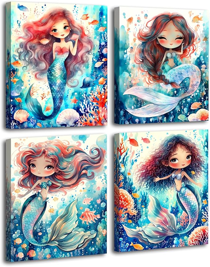 Framed Mermaid Bathroom Wall Art, Mermaid Canvas Prints, Set of 4 (8"x10")