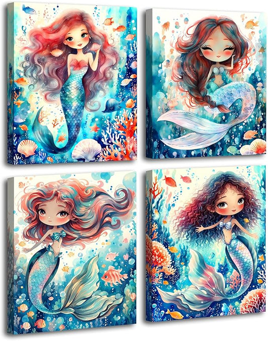 Framed Mermaid Bathroom Wall Art, Mermaid Canvas Prints, Set of 4 (8"x10")