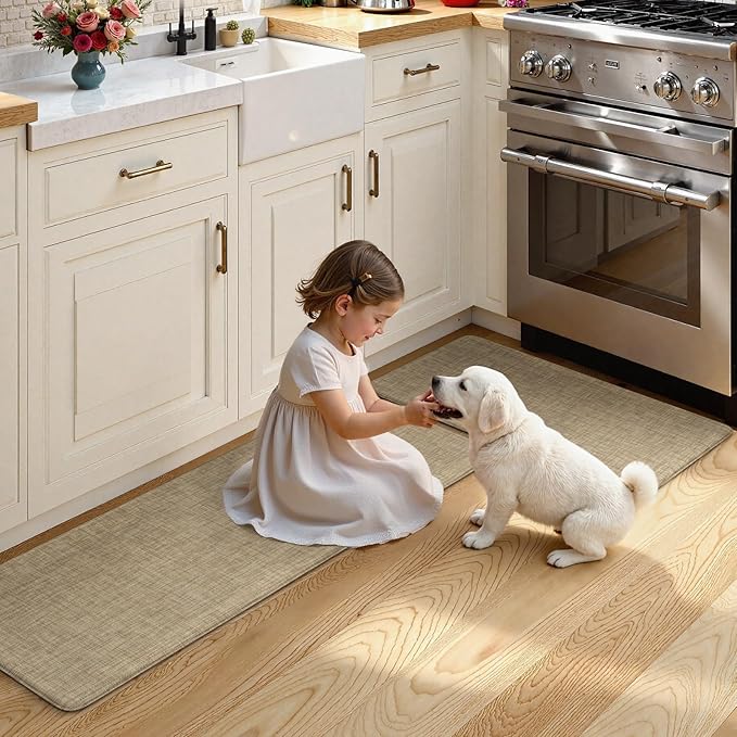 KIMODE Anti Fatigue Kitchen Mats, 17"x47"+17"x29" Farmhouse Kitchen Rugs Sets of 2, Non Slip Kitchen Mats for Floor, Cushioned Kitchen Floor Mats for Sink Laundry Office Desk Light Brown