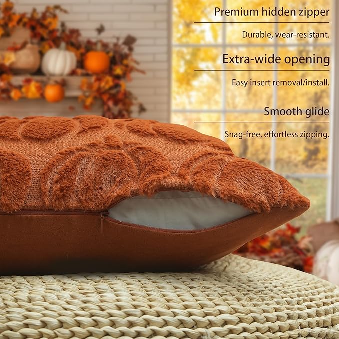 GEEORY Fall Pumpkin Throw Pillow Covers 16x16 Inch Set of 2, Autumn Soft Plush Faux Fur Wool Decorative Farmhouse Holiday Cushion Case for Home Decoration (Rust) GC001-16