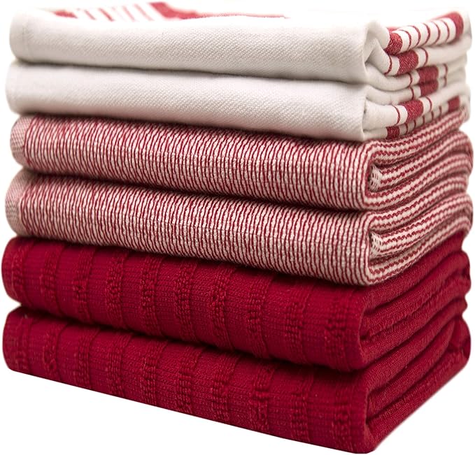 Premium Kitchen Towels (20”x 28”, 6 Pack) – Large Cotton Kitchen Hand Towels – Striped Flat & Terry Towel – Highly Absorbent Tea Towels Set with Hanging Loop – Red