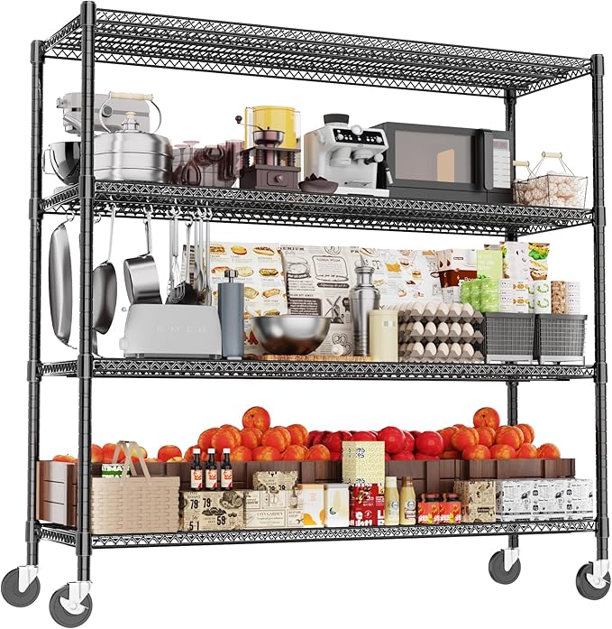 Heavy Duty Shelving, 76.2" H Garage Shelving Unit with Wheels, 4-Tier Garage Storage Shelves Metal Shelves Rack, Adjustable Industrial Shelving for Warehouse Storage, 60" W x 24" D x 76.2" H, Black