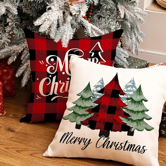GEEORY Merry Christmas Throw Pillow Covers 20x20 Inch Set of 4, Xmas Trees Truck Buffalo Plaid Believe Farmhouse Decorative Cushion Cases for Home Decoration G421-20